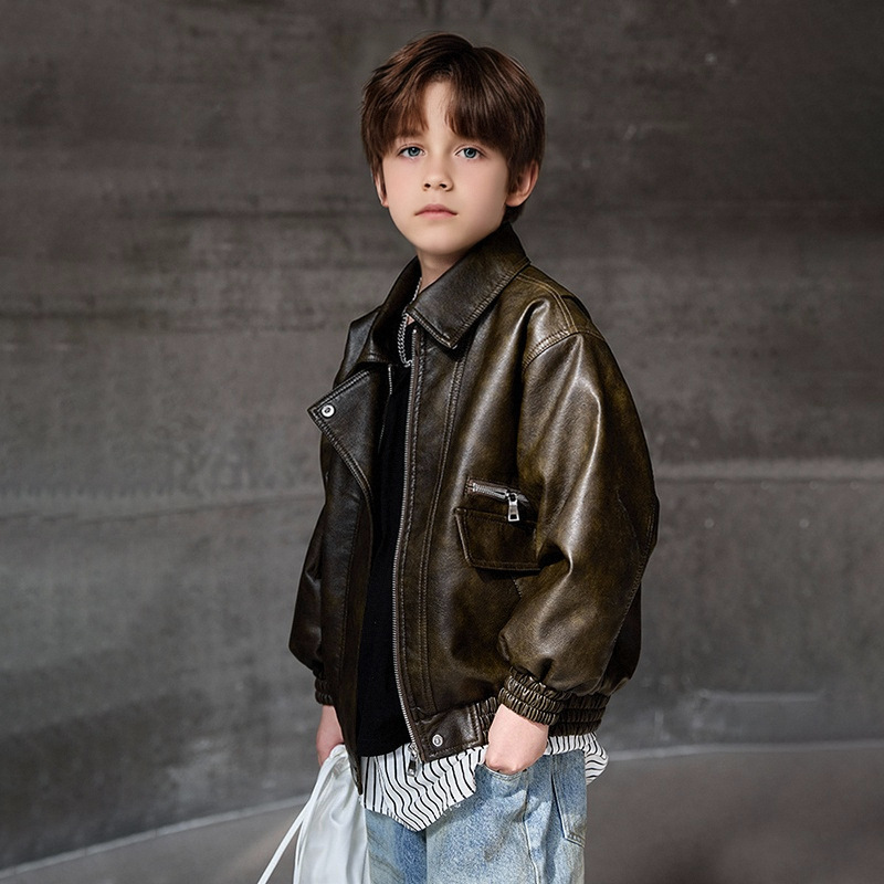 Streetwear Brand Photography - 男の子ダークグリーン防水防風コート 2-12Y 子供ブラックロックオートバイ Pu レザージャケット子供ストリート写真撮影着用