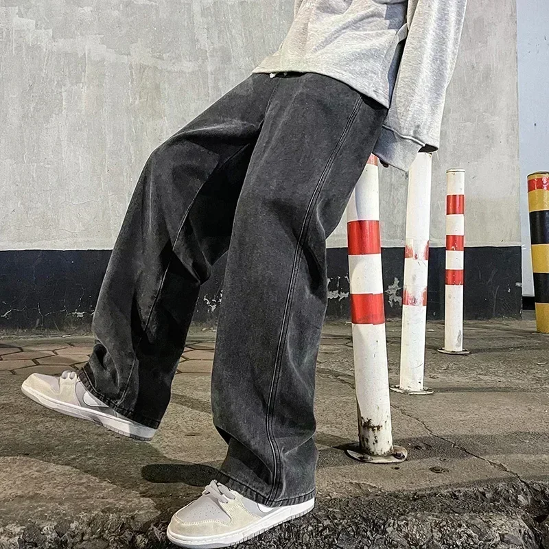 Streetwear Clothing Brands - 新しいストリートウェアルーズジーンズ男性韓国スタイルファッションルーズストレートワイドレッグパンツメンズブランド服黒ライトブルー
