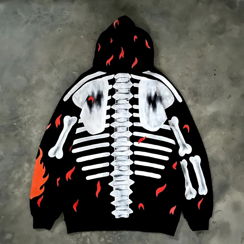 Europe Streetwear Brand - ハロウィンコスプレ原宿パンクスタイルファッションパーカー女性ブランド炎の頭蓋骨プリントパーカーデジタルプリントストリートウェア服