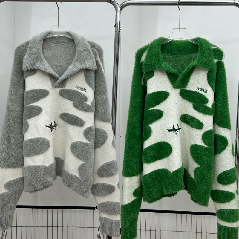 Women Streetwear Brand - ストリートウェアブランド「ハウス・オブ・エラーズ」ウールセーター、カジュアルでゆったりとしたジャカードラペルスウェットシャツ、男女兼用ニットウェアプルオーバー
