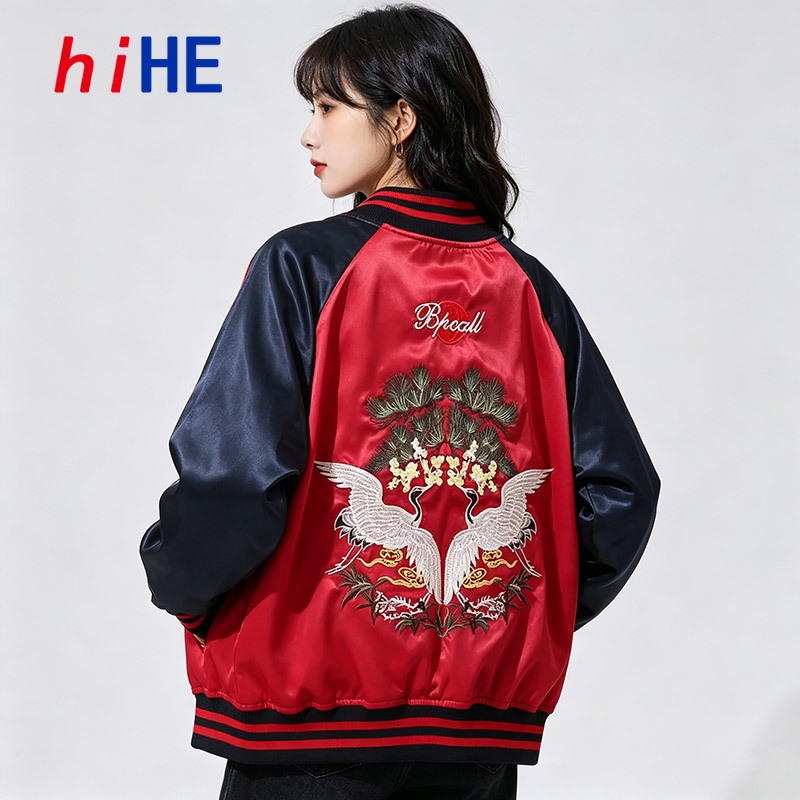 Women Streetwear Brand - 2 両面着用可能なスカジャンサテン野球ジャケット男性女性横須賀刺繍コートブランドストリート春秋 A1