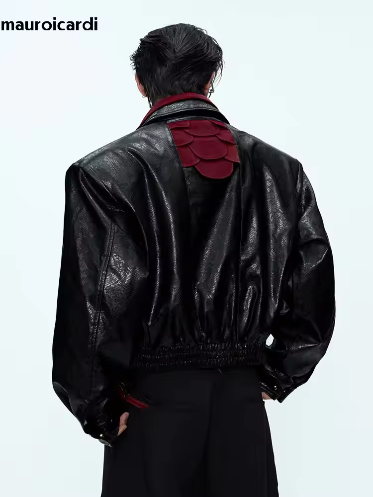 Streetwear Clothing Brands - Mauroicardi 春秋パッチワークショートスネークスキンプリント Pu レザージャケット男性高級ブランドオリジナルエモストリートウェア服