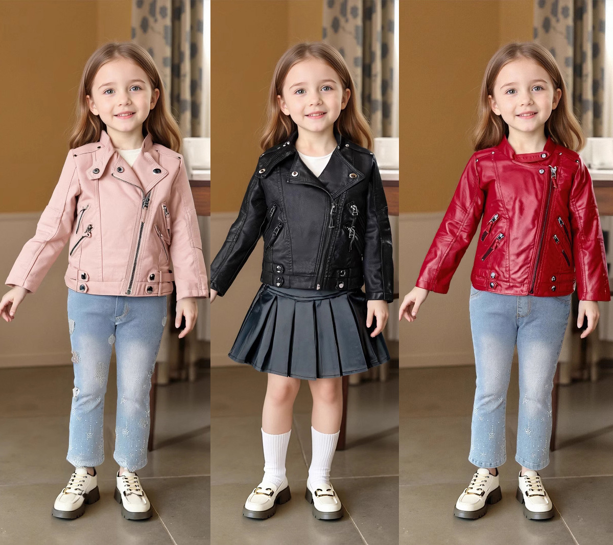 Streetwear Brand Photography - 2-12Y 女の子クリスマスピンクレッドオートバイ Pu レザージャケット子供防水防風コートティーンキッズストリート写真撮影着用