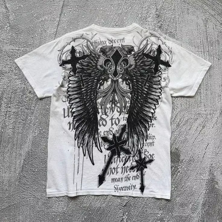 Gothic Streetwear Brand - Y2K ゴシックウィングクロスクラシックアメリカンストリートブランド Tシャツコットングラフィック Tシャツ男性女性夏ストリートウェア