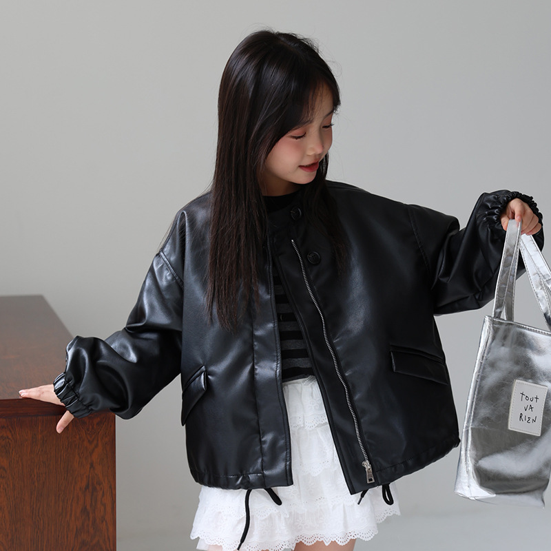 Streetwear Brand Photography - 2-12Y 女の子甘い黒ピンクロックオートバイ Pu レザージャケット子供防水防風コート子供ストリート写真撮影着用