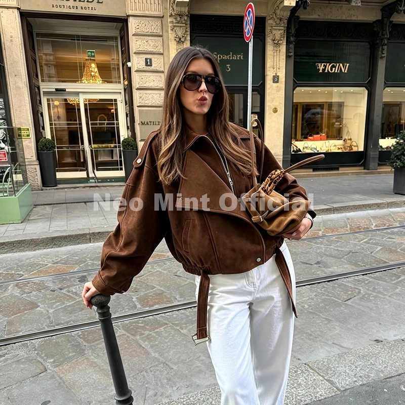ネオミント秋の新ブラウン特大スエードジャケット女性シックなブ - Women Streetwear Brand のレビューと価格