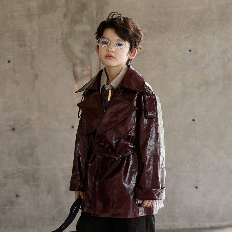 男の子女の子ワインレッドブラックオートバイナノピPUレザージ - Streetwear Brand Photography のレビューと価格